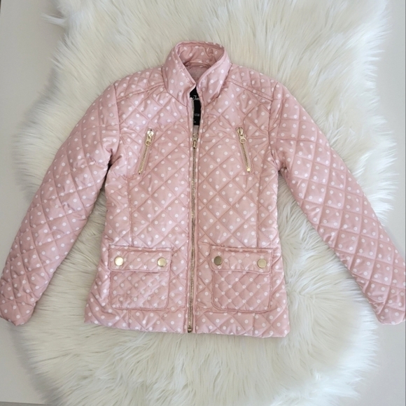 Me Jane Little Girls Pink Quilted Coat Polka Dots Gold Zippers Size 5 - Picture 1 of 5